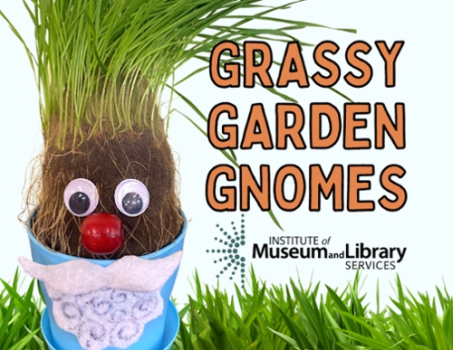 A google eye gnome with grass for hair made of pantyhose and dirt with text grassy garden gnome.