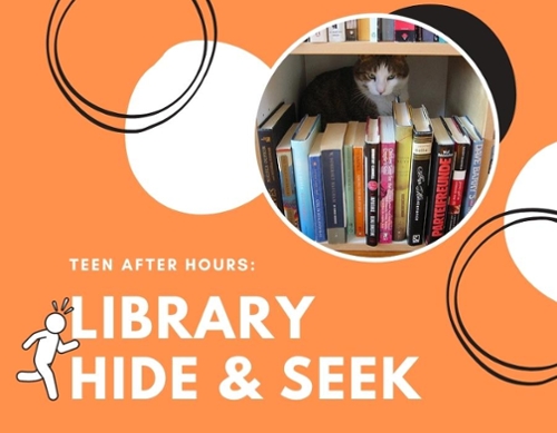 A book shelf with a cat hiding behind the books with text library hide and seek.