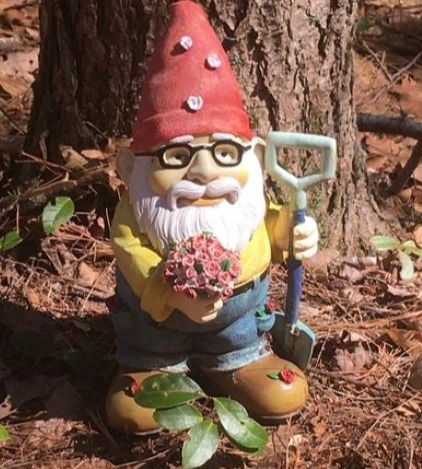 Garden gnome with a shovel and flowers in front of a real tree on the trail.