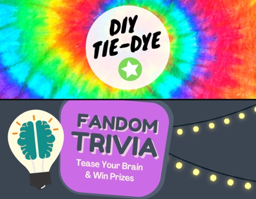 A Tie dye rainbow swirl and a lightbulb with a brain used to advertise the two separate teen events.
