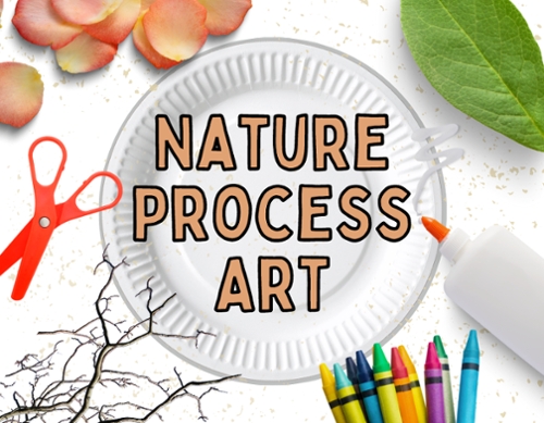 A border of twigs, petals, a leaf, scissors, glue and crayons with a paper plate in the center with bubble letters saying Nature process art.