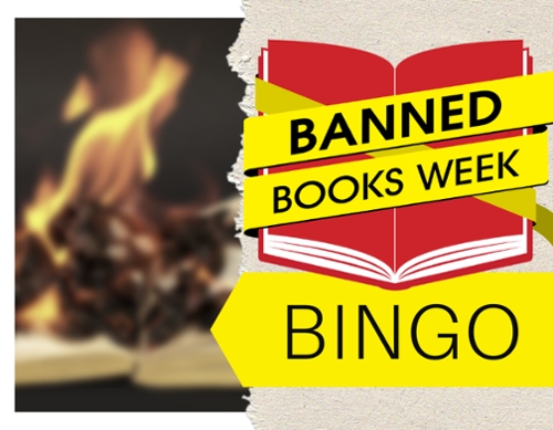 Blurred out book cover with text next to it of a torn page and cartoon book saying Banned Books Week Bingo.