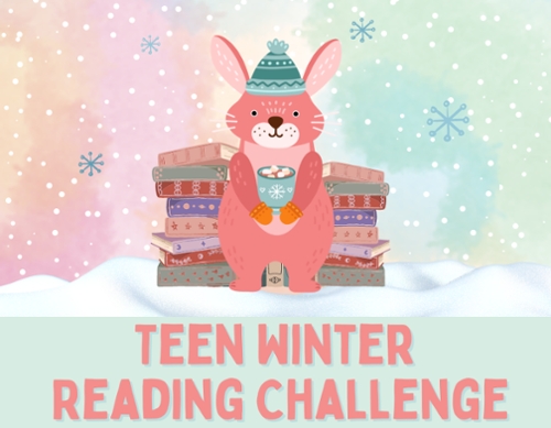 A pink cartoon bunny in a winter hat surrounded by two piles of books.