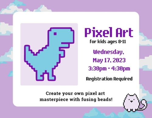A blue pixelated T-rex and a pixelated gray cat cartoons accompanied by news text.