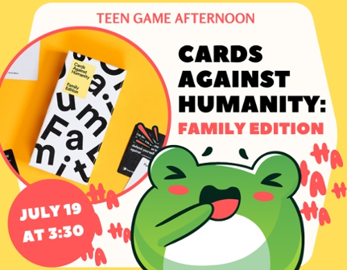 A cartoon frog laughing at the image of the card game..