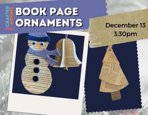 Image of a book page snowman, bell and tree.