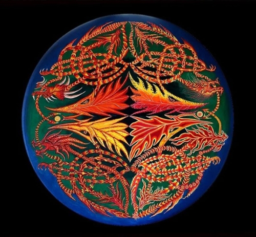 A blue sphere image with a red, yellow and orange design by the artist.