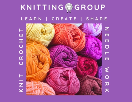 Colorful image of skeins of yearn and the knitting group name in front of a purple square backdrop.