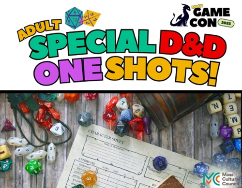 All kinds of game dice with the game con logo of a cartoon dragon.