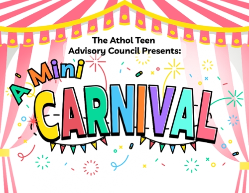 A cartoon carnival tent with the text mini carnival.