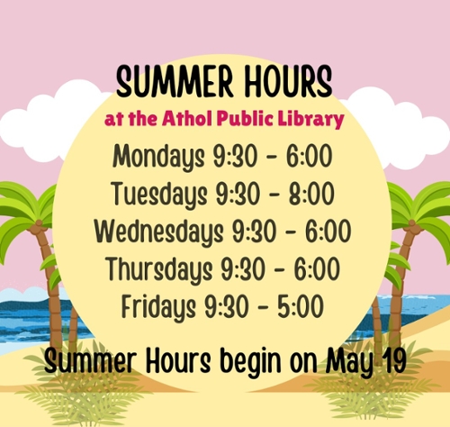 Cartoon beach image with the hours overlaying it.