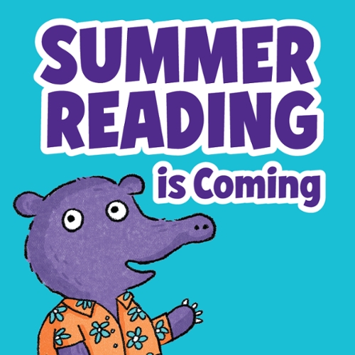 A purple cartoon animal in an orange flower shirt with the text Summer Reading is coming.