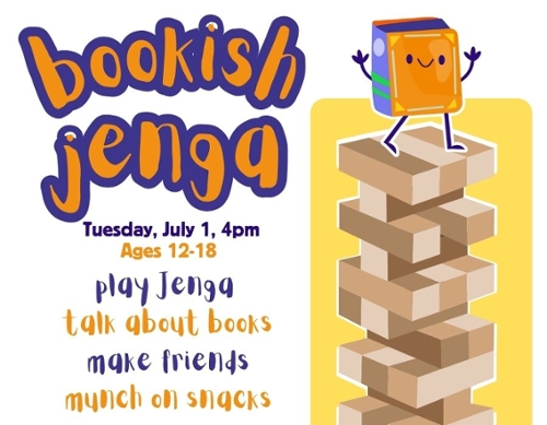 Cartoon Jenga blocks and a cartoon book on top with a face.