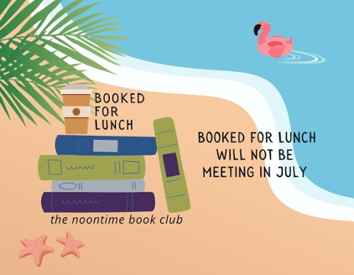 Cartoon beach and ocean backdrop with the Booked for Lunch logo.