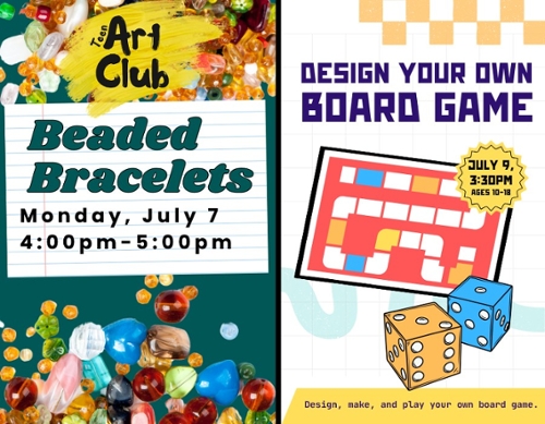 Image of beeds and a cartoon board game with cartoon dice.