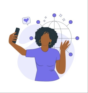 A cartoon dark skinned lady in a purple shirt taking a selfie.