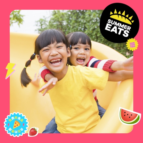 Image of two smiling chicldren with the sunshine summer eats logo.