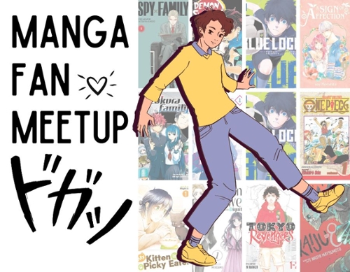 A cartoon teen in front of a backdrop of manga book covers.