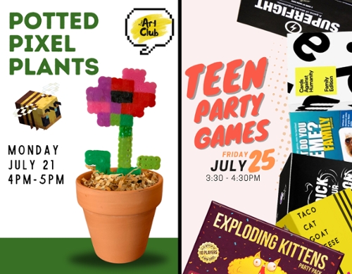 Left side pixel plant example and teen games on the right.