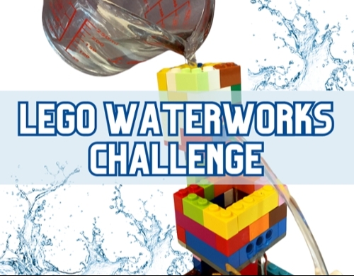 An example of a LEGO tower with water being poured into it.