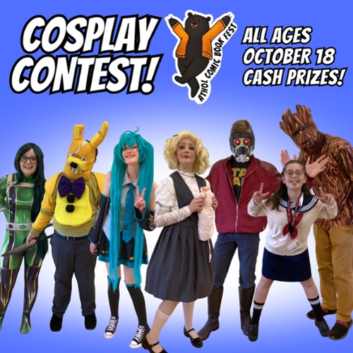 The Comicfest Logo of a bear and people in cosplay examples.