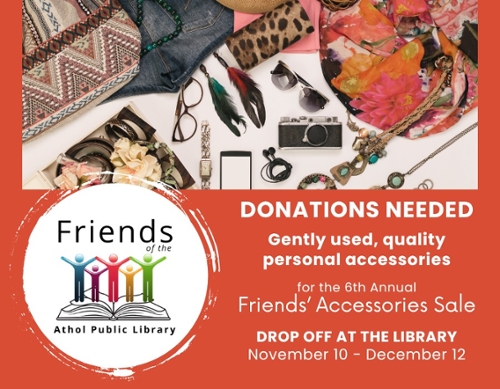 Friends logo and exampels of accessories with an orange back drop.