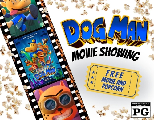 A cartoon film strip with images of Dog Man.