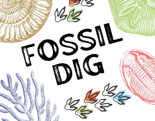 Cartoon images of fossils of bugs and dinosaur prints.