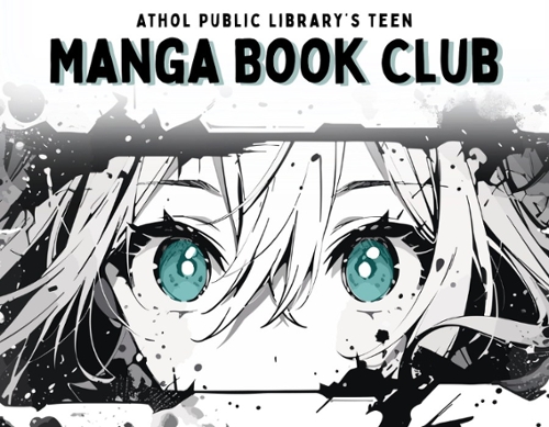 Cartoon Manga person with teal eyes and the text Manga Book Club.