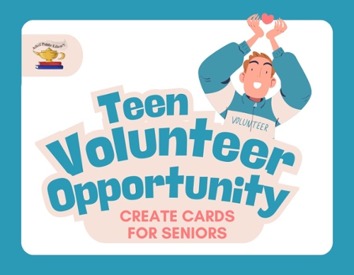 A cartoon teen with a heart in their hands and the library lamp of knowledge logo as well.