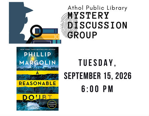 Image of the book cover and mystery detective logo with books.