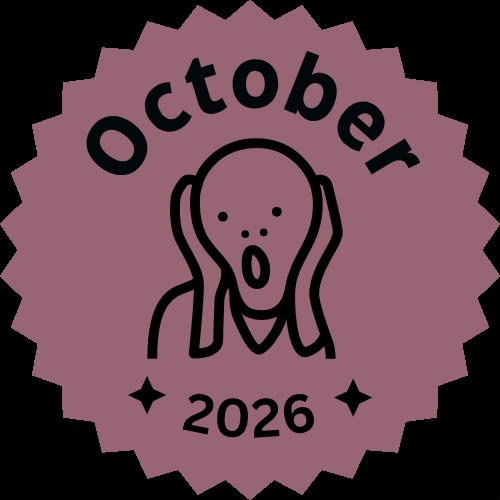 Cartoon spooky face with an open mouth. Purple badge background.