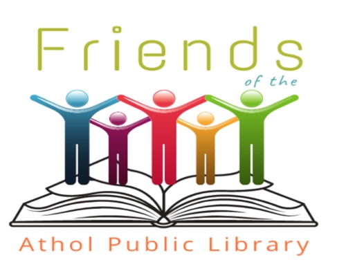 Friends of the Athol Public Library Logo. A cartoon of faceless people the different colors of the rainbow standing on a giant open book’s pages.