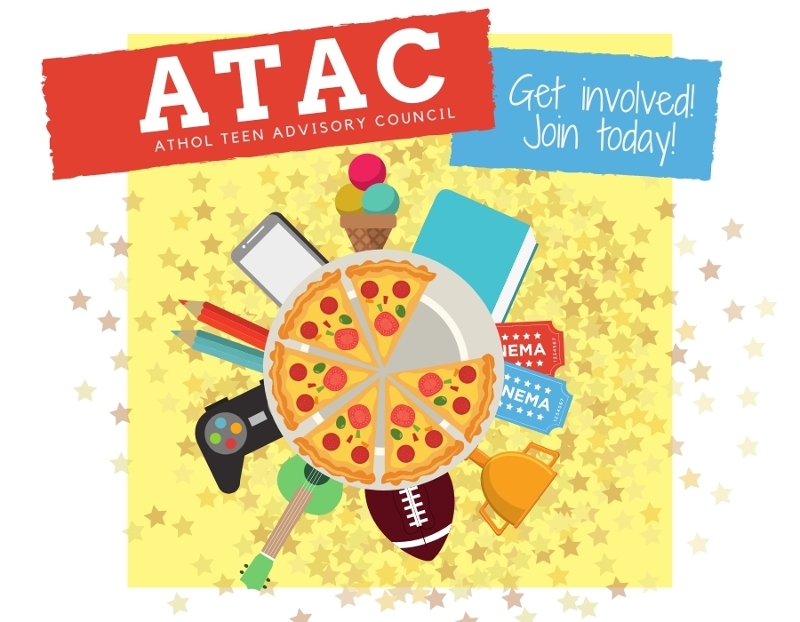 Cartoon text ATAC with the cartoon image of pizza in the center with a guitar, game controller, pencils and a football around the pizza.
