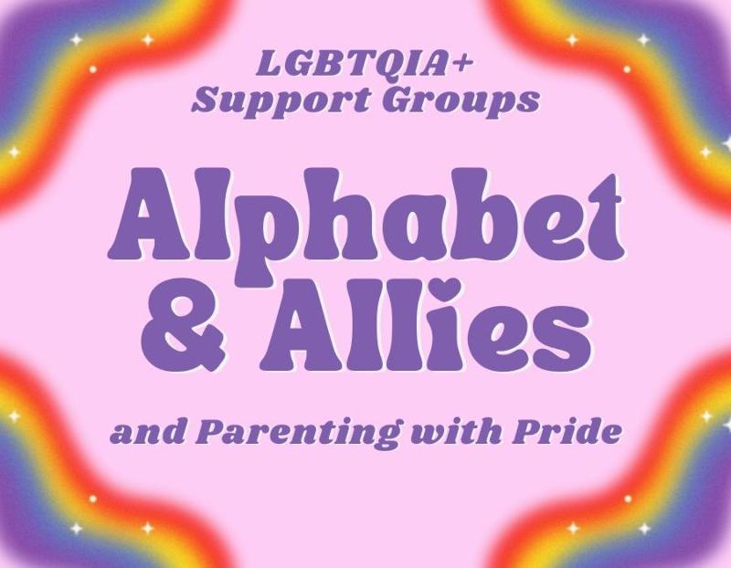 Rainbow in the four corners of the image and the LGBTQ+ text in the middle.