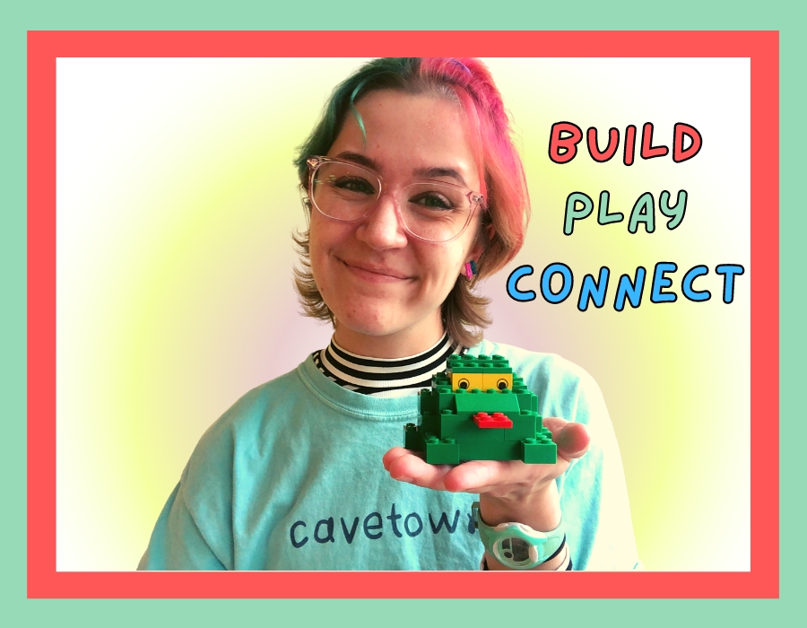 A Children's library staff member, Livvy holding a green frog LEGO creation. Directs you to a new page.