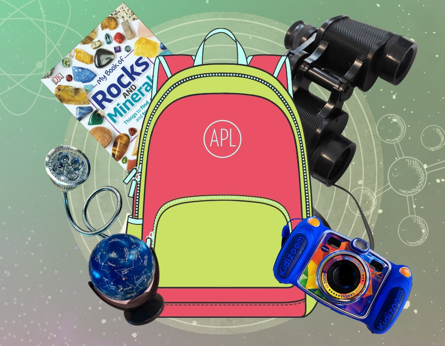 Cartoon image of a backpack with real items around it. Opens a link to information about the kits.