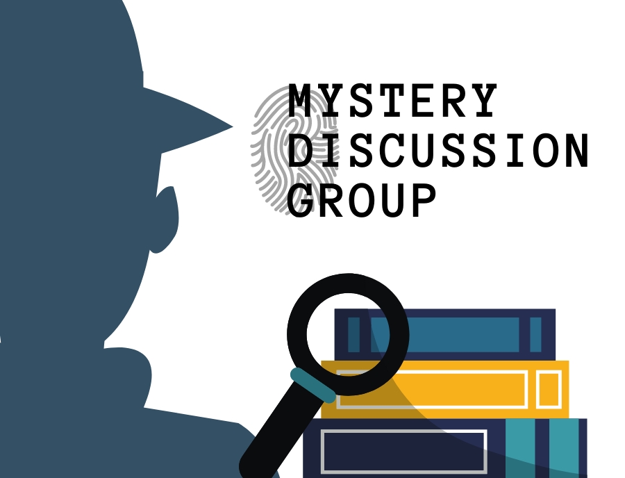 Mystery Group logo of a detective with his magnifier over a stack of three books. Used to direct patrons to the Mystery Group page.