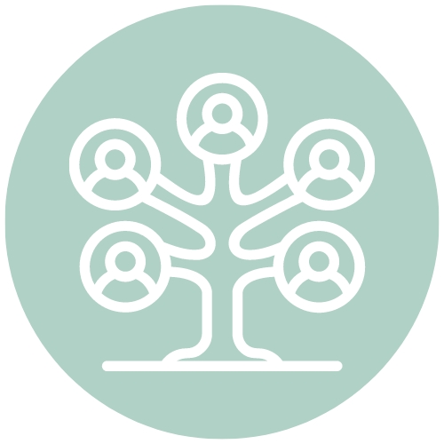 A mint green circle with a cartoon tree with people on the ends in the center. A decorative way to bring patrons to our genealogy links page.
