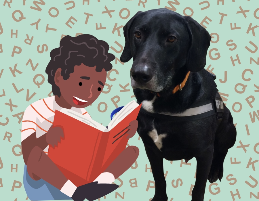 A cartoon black boy reading to a black therapy dog with a bunch of cartoon letters in the background. Directs you to a new page.