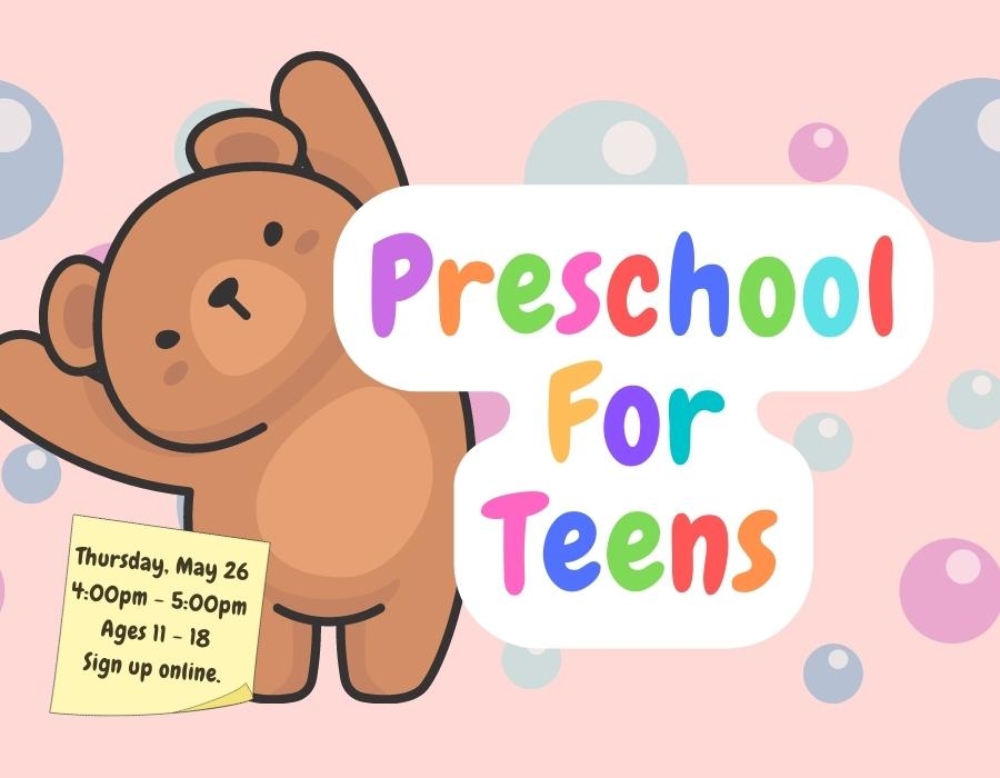 Cartoon teddy bear next to cartoon bubble words that say Preschool for teens to accompany the news information.