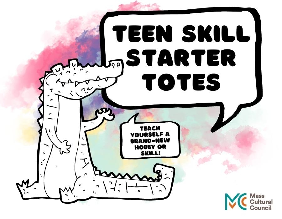A cartoon dinosaur with a word buble saying Teen Starter Totes. Also the Mass Cultural Council Logo.