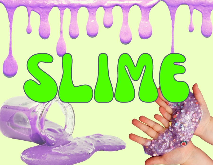 Purple dripping slime border with a jar of knocked over purple slime. A child's hands with purple slime in them.