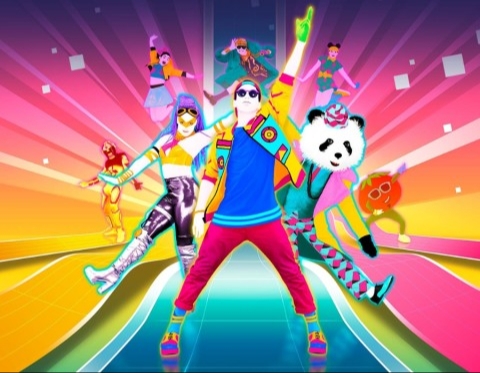 Cartoon colorful people, pandas, and fruit jumping up to dance. Infront of a multicolored pink, orange, green and blue backdrop.