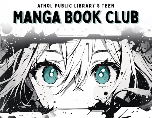Cartoon Manga person with teal eyes and the text Manga Book Club.