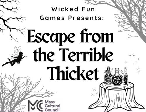 Black and white cartoon image of a fairy and potions in a forrest.