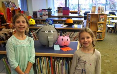 Ella and Whitney, with Elephant and Piggie.