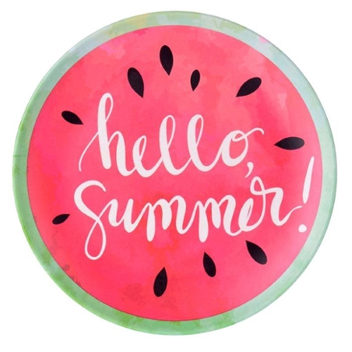 Cartoony text, hello summer overlaying a watermelon slice.