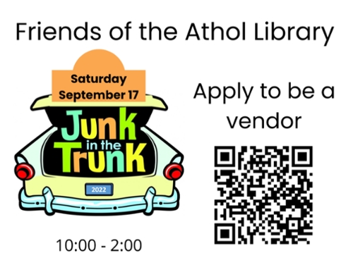 Cartoon of an old fashioned cart trunk with cartoon letters saying Junk in the Trunk and a QR code to scan to apply to be a vendor on the right side..