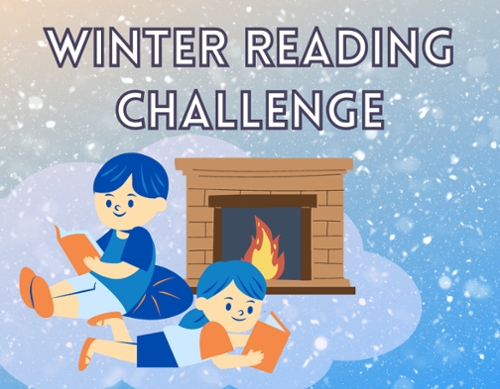 Cartoon children in front of a fire place reading books.
